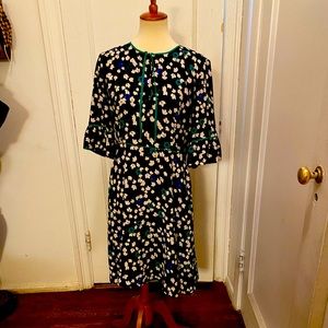 Navy, green & white floral print crepe dress